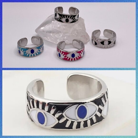 Boho Evil Eye Enamel Adjustable Ring #1306 BLACK - Picture 1 of 13